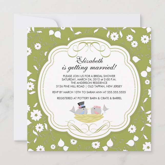 Trendy Love Birds Bridal Shower Invitation Green (Front)