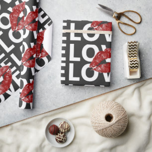 Trendy Love Typography Red Lips Valentine's Day Wrapping Paper