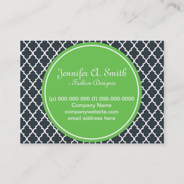 trendy, lovely, classic, green, B&W quatrefoil Business Card (Front)