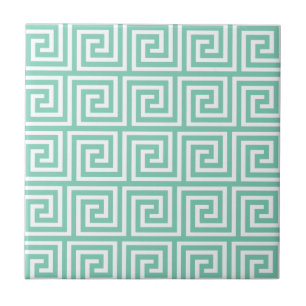 Trendy Lucite Green and White Greek Key Pattern Tile