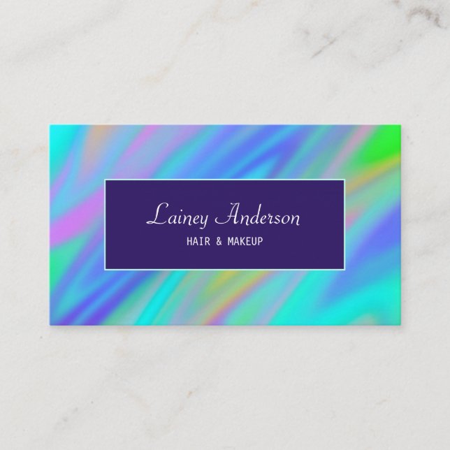 Trendy luxury green blue purple faux holographic business card (Front)