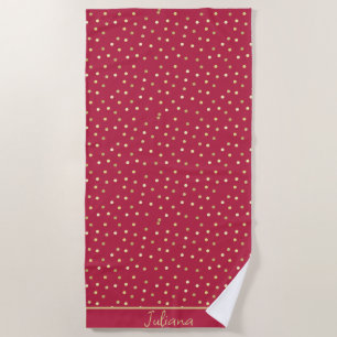 Trendy Magenta & Gold Confetti Dots Personalized  Beach Towel