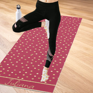 Trendy Magenta & Gold Confetti Dots Personalized Yoga Mat
