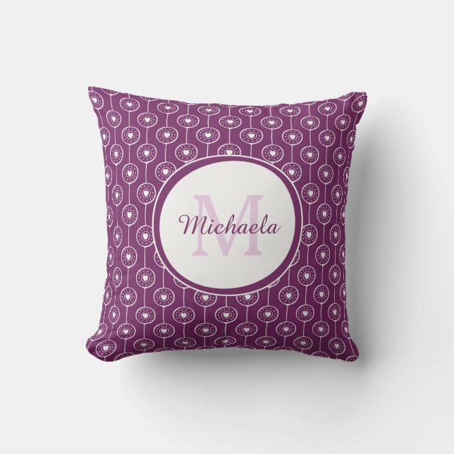 Trendy Magenta  Monogrammed Name Purple Heart Dots Throw Pillow (Front)