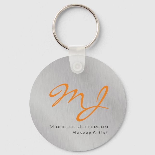 Trendy Makeup Artist Silver Gray Orange Monogram Keychain (Front)