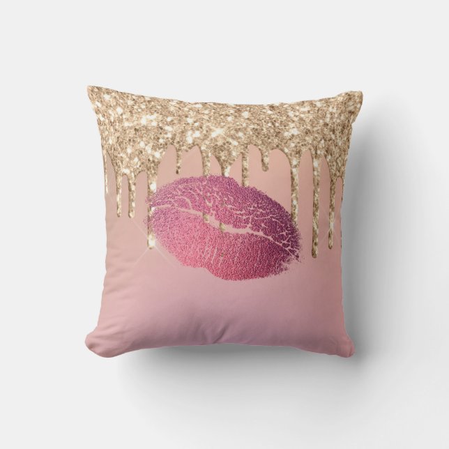 Trendy Makeup Lip Kiss Rose Gold Glitter Drips Throw Pillow (Front)