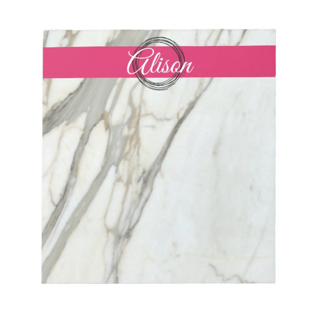 Trendy marble, fuchsia pink custom name notepad (Front)