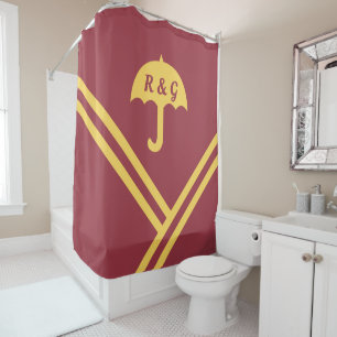 Trendy Maroon Gold Stripes Umbrella Initials