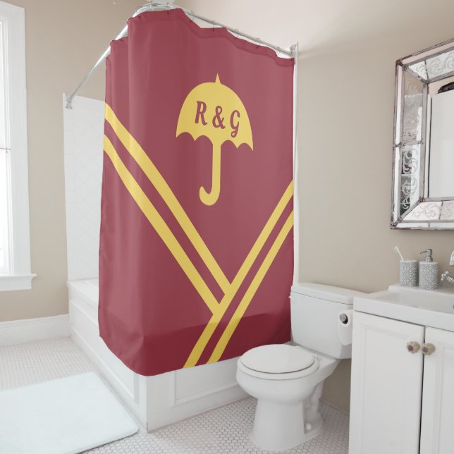Trendy Maroon Gold Stripes Umbrella Initials (In Situ)