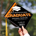 Trendy Masculine Graduate for Him Graduation Cap Topper<br><div class="desc">Modern graduation cap topper for him featuring a stylish black background that can be changed to any colour,  a graduate cap,  2 cool orange stripes,  the saying "the tassel was worth the hassle",  the students name,  the high school/college,  and class year.</div>
