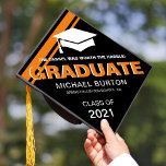 Trendy Masculine Graduate for Him Graduation Cap Topper<br><div class="desc">Discover a one-of-a-kind graduation cap topper that's all about style and personality. This trendy masculine design features a sleek black background that can be easily customized, a modern graduate cap, eye-catching orange stripes, and the iconic graduation quote, "the tassel was worth the hassle." With the student's name, high school or...</div>