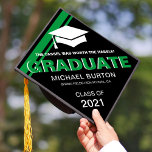Trendy Masculine Graduate for Him Graduation Graduation Cap Topper<br><div class="desc">Modern graduation cap topper for him featuring a stylish black background that can be changed to any colour,  a graduate cap,  2 cool green stripes,  the saying "the tassel was worth the hassle",  the students name,  the high school/college,  and class year.</div>
