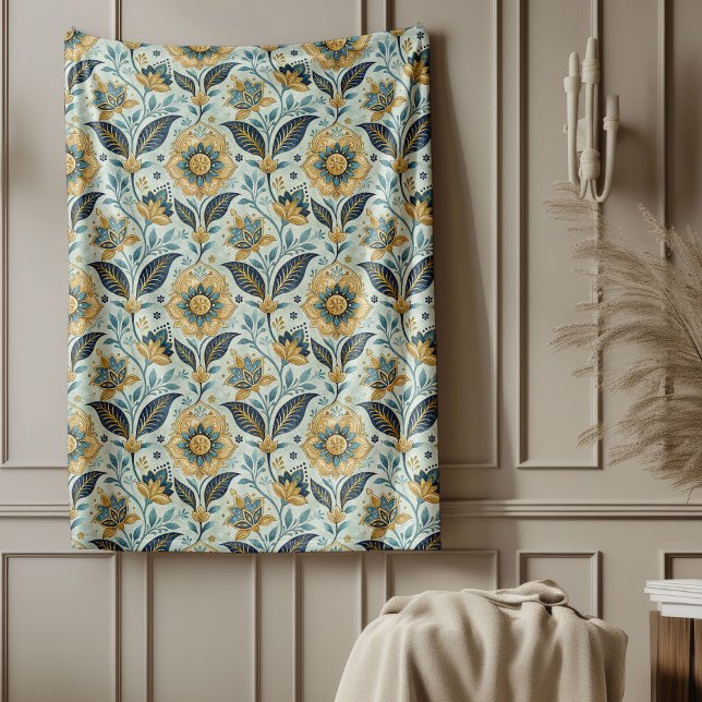 Trendy Mediterranean Navy and Gold Floral Tiles Fleece Blanket (Trendy Mediterranean Navy and Gold Floral Tiles Fleece Blanket)