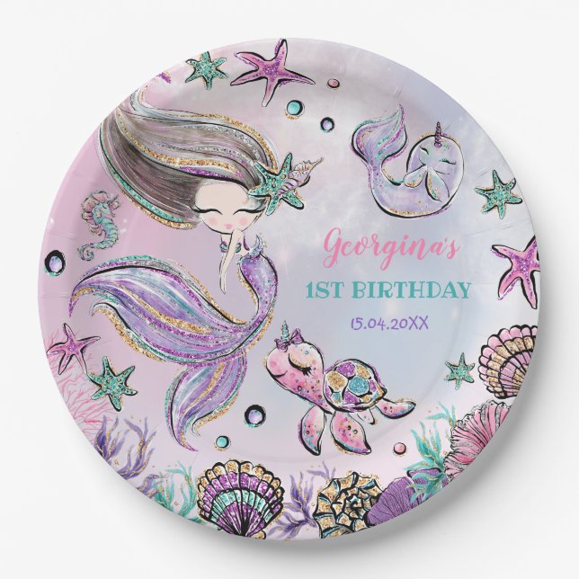 Trendy Mermaid, Sea Turtle & Narwhal Birthday Paper Plate (Front)