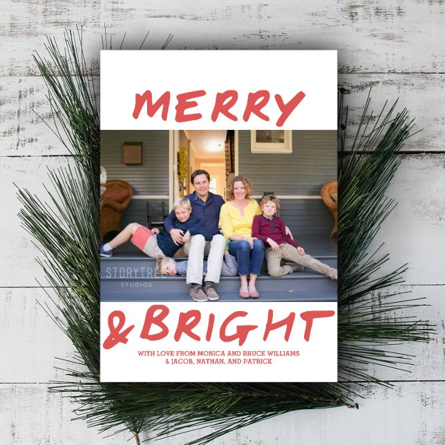 Trendy Merry and Bright Photo Card | Red (Red Merry and Bright Christmas Photo Card)