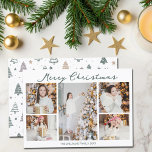 Trendy Merry Christmas Family Photo Collage 2025 Holiday Card<br><div class="desc">Trendy white Merry Christmas cards with chic handwritten scrawl in chic grey green above your family photo collage of your 5 favorite 2025 pictures. The beautiful back features a pattern of hand drawn pine and fire trees. Contemporary Christmas cards featuring one vertical photograph in the center and 4 square pictures...</div>