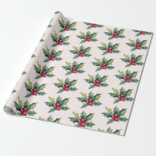 Trendy Merry Christmas Holly and Berries Pattern   Wrapping Paper