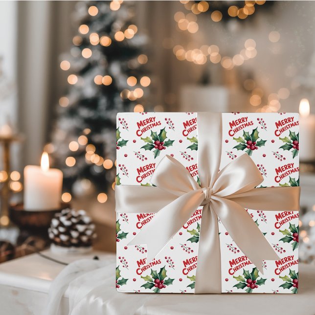 Trendy Merry Christmas Holly and Berries Pattern   Wrapping Paper (Creator Uploaded)