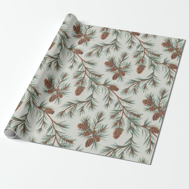 Trendy Merry Christmas Pine Cones and Branches     Wrapping Paper (Unrolled)