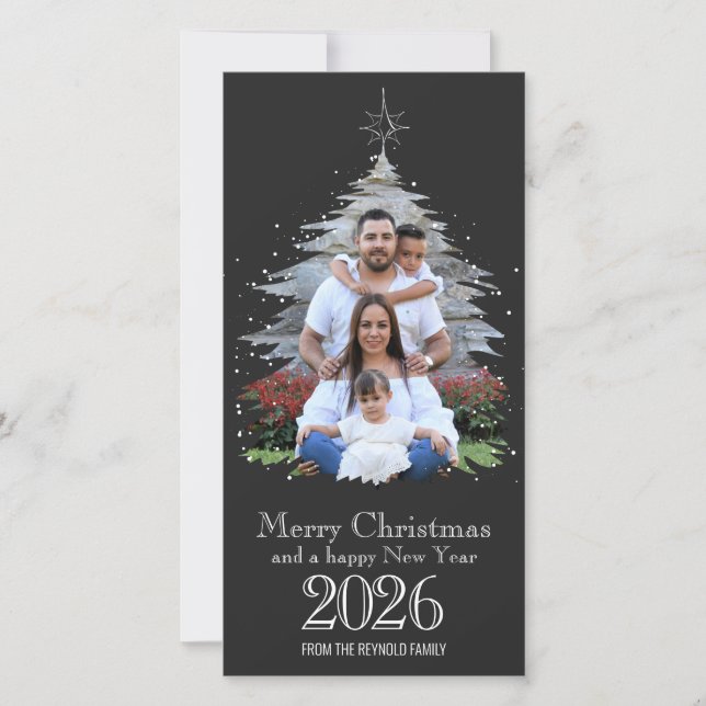 Trendy Merry Christmas Tree Shape 2026 Photo Grey (Front)