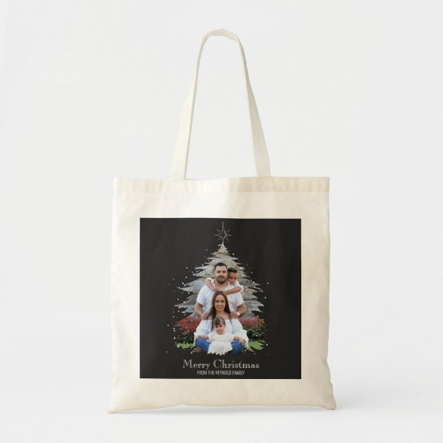 Trendy Merry Christmas Tree Silhouette Photo Gray Tote Bag (Front)