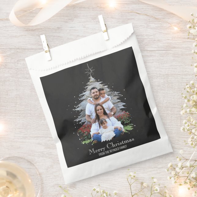 Trendy Merry Christmas Tree Silhouette Photo Grey Favour Bag (Clipped)