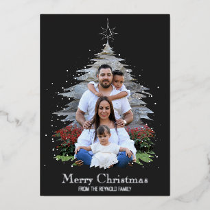 Trendy Merry Christmas Tree Silhouette Photo Grey Foil Holiday Card