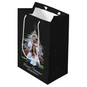 Trendy Merry Christmas Tree Silhouette Photo Grey Medium Gift Bag