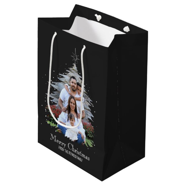 Trendy Merry Christmas Tree Silhouette Photo Grey Medium Gift Bag (Front Angled)