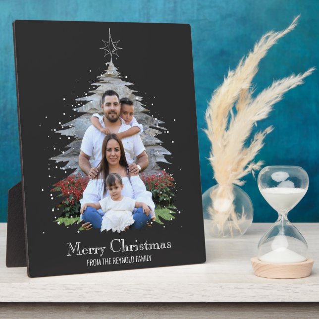 Trendy Merry Christmas Tree Silhouette Photo Grey Plaque (Side)