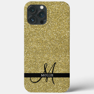 Trendy Metallic Glitter Gold Light Monogrammed  iPhone 13 Pro Max Case