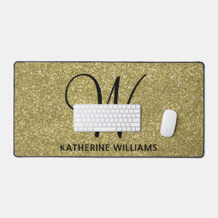 Trendy Metallic Glitter Gold Light Monogrammed  Desk Mat