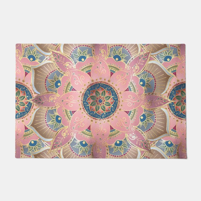 Trendy Metallic Gold and Pink Mandala Design Doormat (Front)