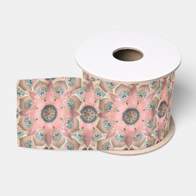 Trendy Metallic Gold and Pink Mandala Design Grosgrain Ribbon (Spool)
