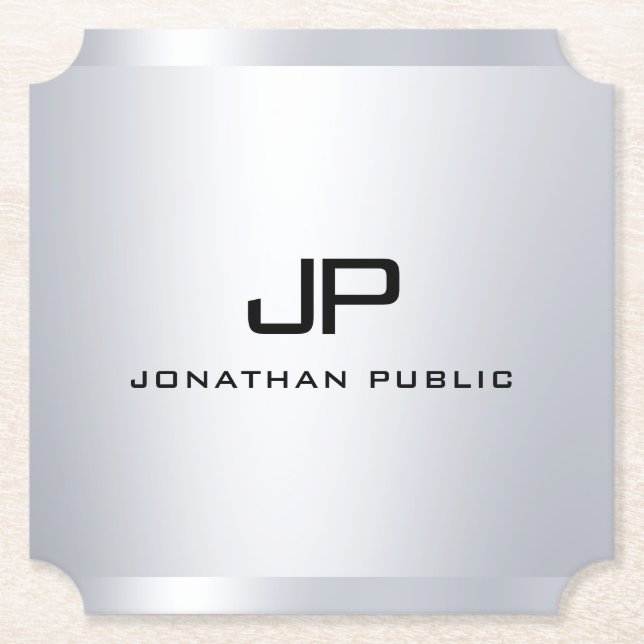 Trendy Metallic Look Faux Silver Monogram Template Paper Coaster (Front)