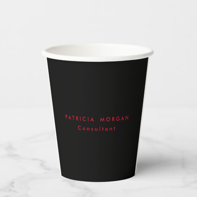 Trendy Minimalist Black Red Professional Your Name Paper Cups (Front)