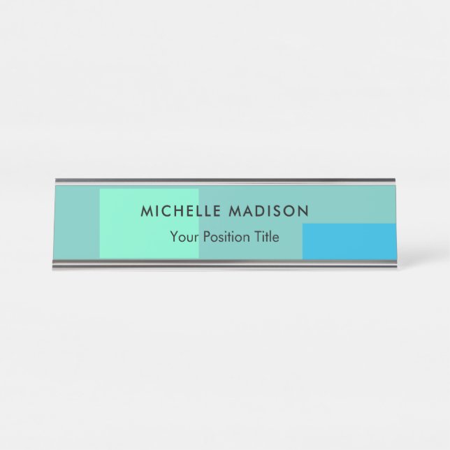 Trendy Minimalist Green Blue Desk Name Plate (Front)