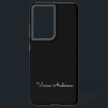 Trendy Minimalist Modern Black Script Custom Name Samsung Galaxy Case<br><div class="desc">A simple stylish custom name typography design in a casual script font in striking monochromatic black and white. The perfect item for the minimalist. An on trend bespoke gift or accessory for any occasion. Debra Valencia, a visionary surface pattern artist, product designer and entrepreneur with a passion for world travel,...</div>