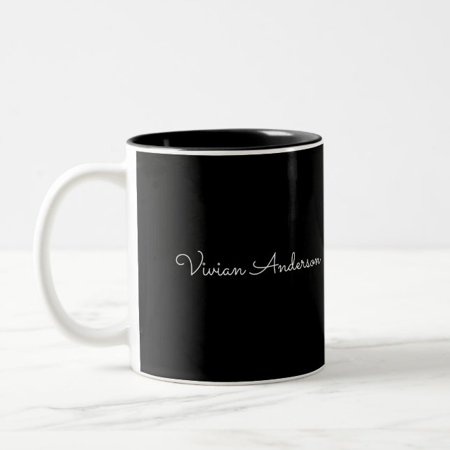 Trendy Minimalist Modern Black Script Custom Name Two-Tone Coffee Mug (Left)