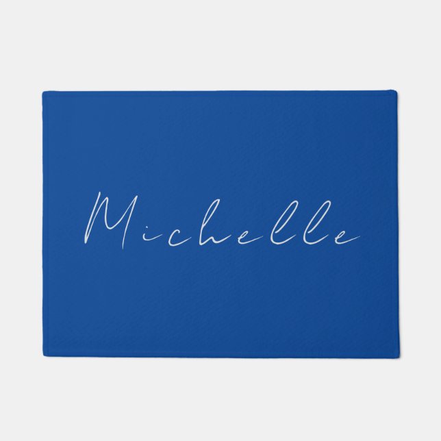 Trendy Minimalist Modern Handwritten Blue Doormat (Front)
