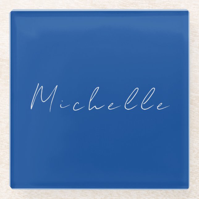 Trendy Minimalist Modern Handwritten Blue Glass Coaster (Front)