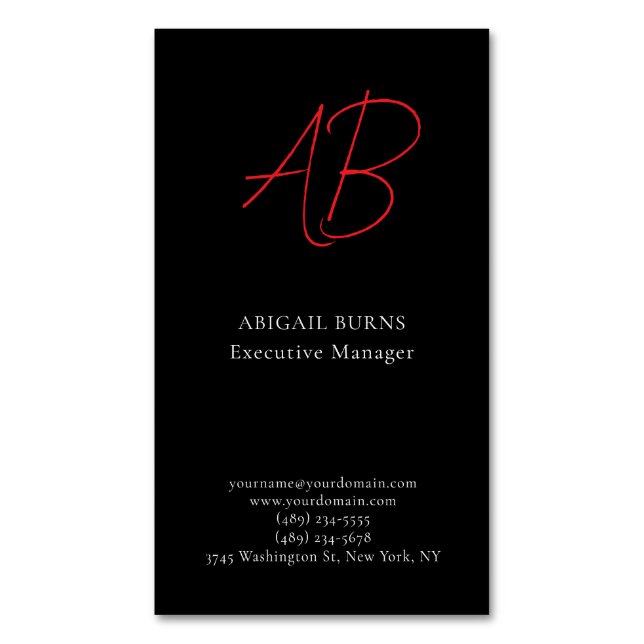 Trendy Minimalist Modern Monogrammed Plain Black Magnetic Business Card (Front Vertical)