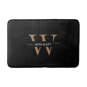 Trendy Minimalist Monogram Black Gold Script Name  Bath Mat