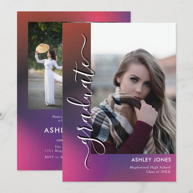 Trendy Minimalist Script Multi-Photo Graduate Announcement (Front/Back)