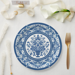 Trendy minimalist vintage Blue White chinoiserie Paper Plate