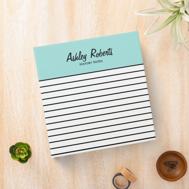 Trendy Mint Black White Stripes School Binder (In Situ)