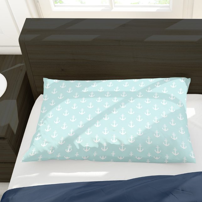 Trendy Mint Green Anchors Pattern Pillowcase (Creator Uploaded)