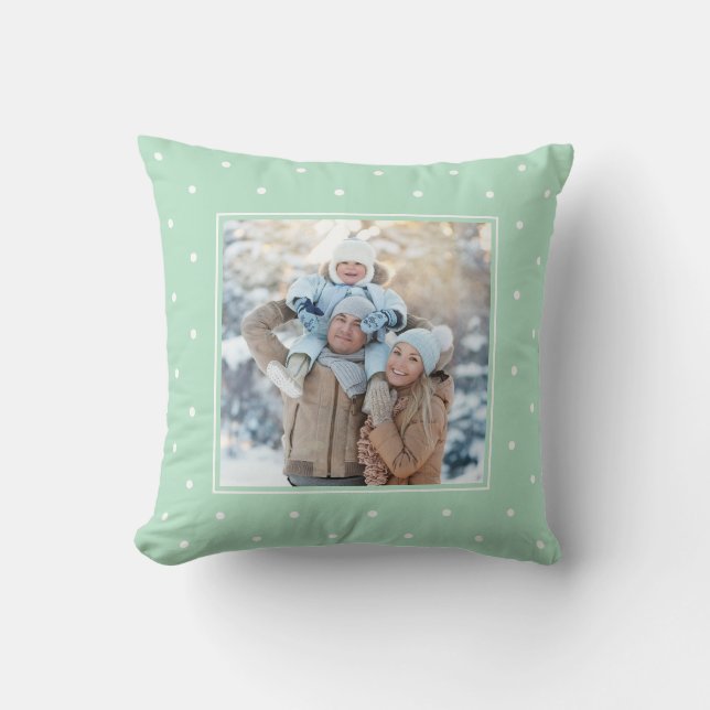 Trendy Mint Green and Polka Dots with your Photo Throw Pillow (Front)