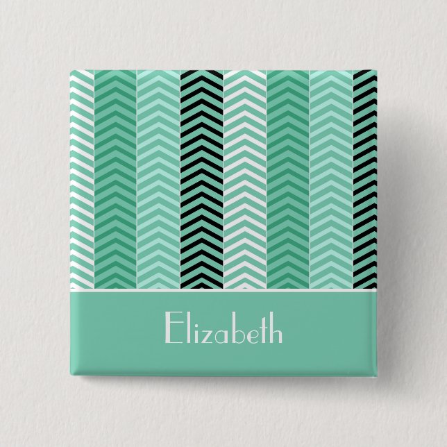 Trendy Mint Green Chevron Stripes With Name 2 Inch Square Button (Front)