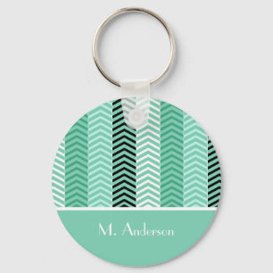 Trendy Mint Green Chevron Stripes With Name Keychain